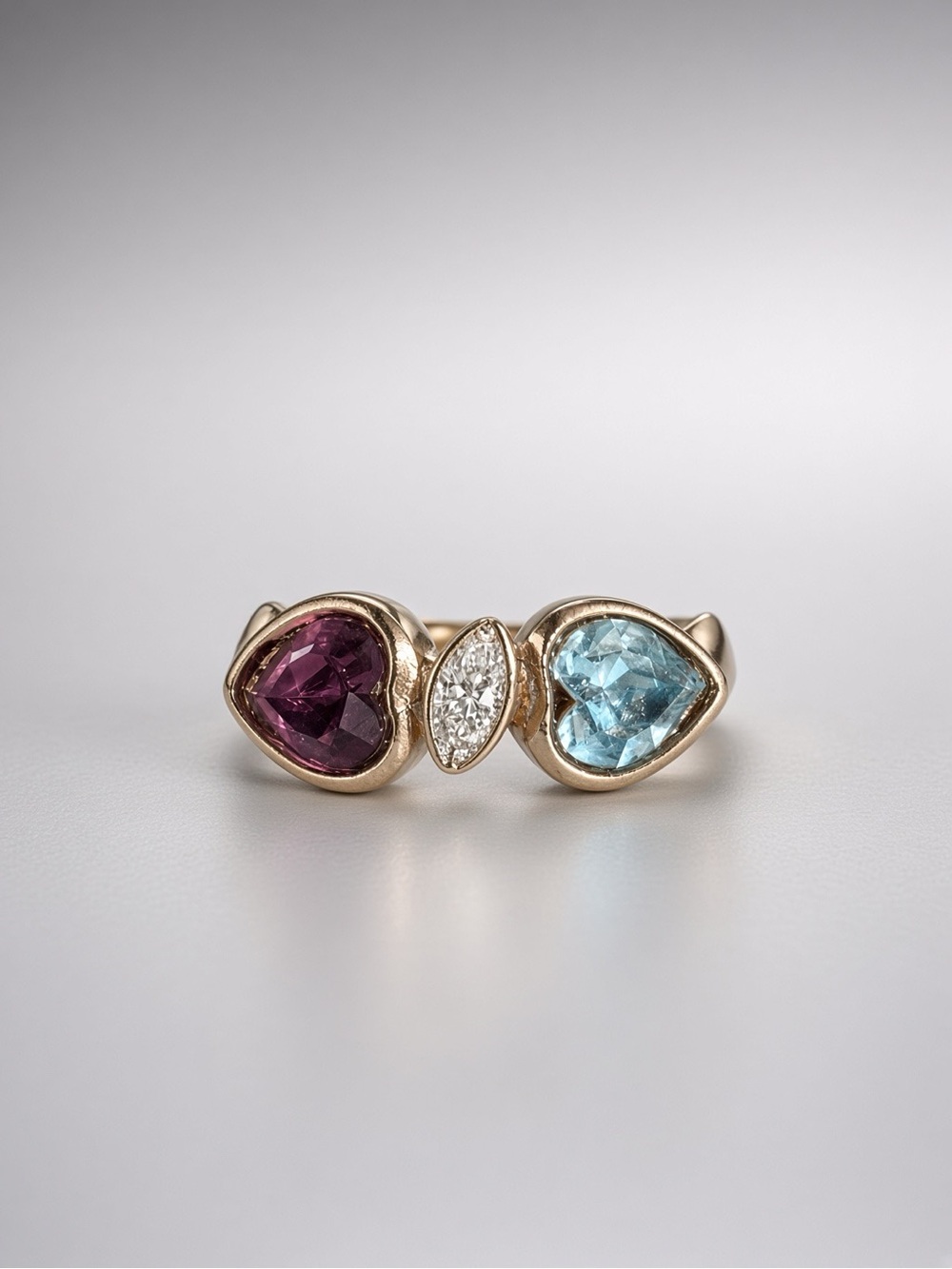 Size 6 18K HGE Gold Heart Toi et Moi Ring • Purple & Blue Stones + Marquise